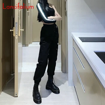 Krovinių Kelnės Poilsiu Moterų Streetwear Kelnes Y2k Rudenį 2020 Gotikos Harajuku Korėjos Goth Aukšto Juosmens Juoda Punk Grunge Kelnes Kelnės