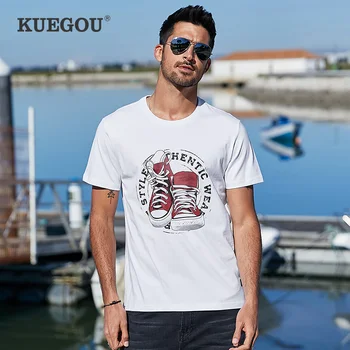 KUEGOU prekės ženklo laisvalaikio mada marškinėliai vyrams Vasaros marškinėlius medvilnės vyriški trumpomis rankovėmis T-shirt spausdinimas Balta dydis ZT-3307