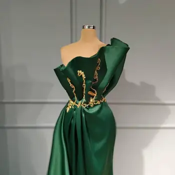 Kuklus Smaragdas Žalia Undinė Satino Vakaro Suknelės Realus Vaizdas Aukso Appliques Zawalcowany Ilgai Prom Dresses Raukiniai Oficialų Suknelė