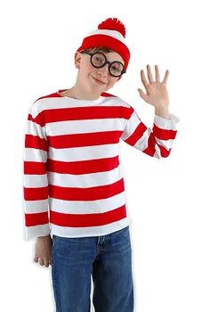 Kur Wally Kostiumas Waldo Dabar Raudonas ir Baltas Cosplay Kostiumai, Marškiniai, Megztinis+Hat+Akiniai Helovinas Pilnas Komplektas Už Vaikas Vyrai Moterys