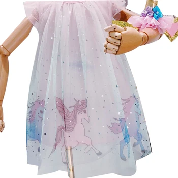 Kūdikiams, Vaikams Mergaičių Vasaros suknelės Nėriniai Akių Pynimas Vienaragis Rankovių Multi-Layer Saldus Princesė Suknelės su Vienaragio Plauku Juosta
