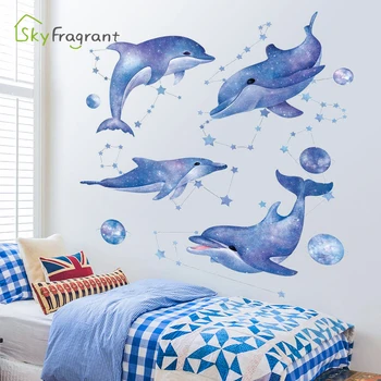 Kūrybos siena lipdukas delfinų žvaigždėtas dangus stikers vaikų kambario apdaila namo apdaila, miegamasis, gyvenamasis kambarys sienų dekoras namuose