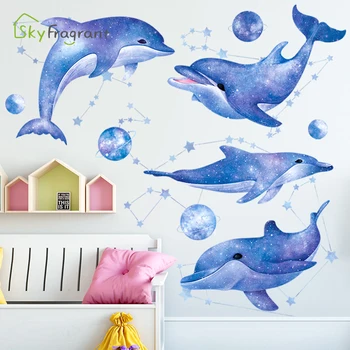 Kūrybos siena lipdukas delfinų žvaigždėtas dangus stikers vaikų kambario apdaila namo apdaila, miegamasis, gyvenamasis kambarys sienų dekoras namuose