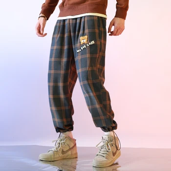 LACIBLE Atsitiktinis pledas spausdinti lokys pleistras dekoratyvinis vyrų hip-hop streetwear vyrų kelnės medvilnė Harajuku bėgiojimo kelnės sweatpants