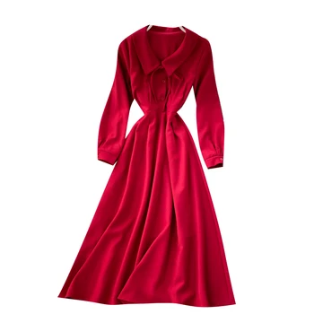 Lady Naujas Mados Rudens-line Suknelė 2020 M. Moteris Atvartas ilgomis Rankovėmis Aukštos Juosmens, Plonas, Elegantiškas Drabužius, Vestidos De Mujer P877