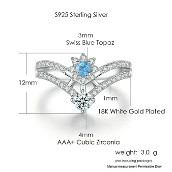 LAMOON Žiedas Moterims Snaigės Karūna Gamtos Mėlynas Topazas 925 Sterlingas Sidabro, Baltojo Aukso Padengtą Fine Jewelry LMRI078