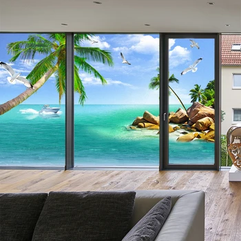 Lango stiklo lipdukas užsakymą paplūdimio kraštovaizdžio tapyba, dekoratyvinės matinės plėvelės, vonios, miegamojo, biuro stumdomosios durys