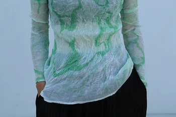 LANMREM 2021 m. pavasarį, vasarą, naujas klostuotas Tencel marškinėliai tee moterims nišą dizainas, spausdinami plisuotos viršūnes plonas elastingas drabužius YJ297