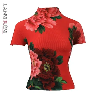 LANMREM Japonų stiliaus plisuotos drabužiai moterims, 2021 m. vasarą naujų pusė, aukštos apykaklės trumpas rankovės stretch audinys marškinėliai tee YJ779