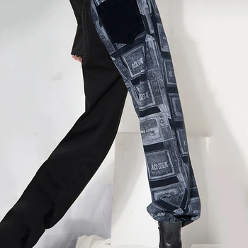 LANMREM juoda mėlyna spausdinti tiesiai prarasti atsitiktinis gatvės drabužiai pločio kojų kelnės su kišenė mados 2020 m. Rudenį banga moterų 2A1360