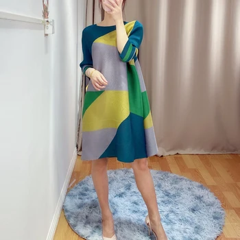 LANMREM rudenį nusimeta drabužius famale 2021 Prarasti Moterų plisuotos suknelė didelio dydžio plonas spalvos bloką kratinys printted suknelė 2A024