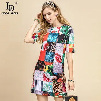 LD LINDA DELLA Rudens Mados Dizaineris Suknelė Moterims trumpomis rankovėmis Chic Pledas Leopard Taškų Gėlių spausdinti Moterų Derliaus Mini Suknelė