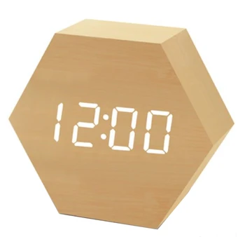 LED šešiakampis medinis laikrodis, naktį šviesos žadintuvas, daugiakampio laikrodis, puikus nutildyti.