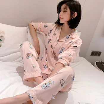 Ledo Šilko Pajama Komplektai Spausdinti Animaciją Moterų Atlasas Sleepwear Pavasario Ilgomis Rankovėmis Pijama 2 Vnt Atsitiktinis Homewear Pižamos Loungewear