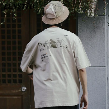 LENSTID 2020 Vyrų Hip-Hop Funny Cat Atspausdinta Marškinėliai Streetwear Japonų Kanji Harajuku T-Shirt Vasaros trumpomis Rankovėmis Medvilnės Tshirts