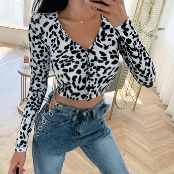 Leopard Print Long Sleeve Apkarpytos Marškinėlius Juoda Balta Laisvalaikio T-shirt Ladies Mygtukai V Kaklo Mados Tee Marškinėliai