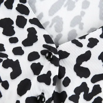 Leopard Print Long Sleeve Apkarpytos Marškinėlius Juoda Balta Laisvalaikio T-shirt Ladies Mygtukai V Kaklo Mados Tee Marškinėliai