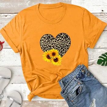 Leopard Širdies Saulėgrąžos Spausdinimas marškinėliai Moterims trumpomis Rankovėmis Vasaros Viršūnes Tees Moterų Atsitiktinis 2020 Drabužius Camiseta Mujer