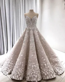 Libanas Prabanga 3D Gėlių, Vestuvių Suknelės, Puošnios Nėrinių Dubajus Royal Vestuvinės Suknelės Iliuzija Kaklo Vestidos De Novia