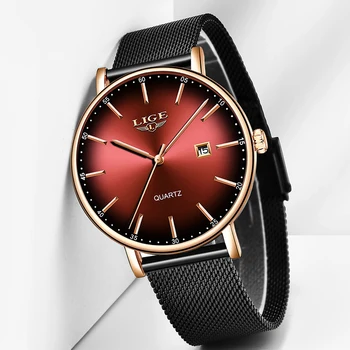 LIGE Moterų Laikrodžiai Top Brand Prabangos Ponios Tinklelio Diržo Plono Žiūrėti Kūrybos Raudona Dial Žiūrėti Vandeniui Kvarcinis Laikrodis Reloj Mujer