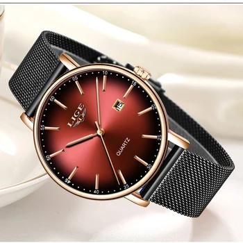 LIGE Moterų Laikrodžiai Top Brand Prabangos Ponios Tinklelio Diržo Plono Žiūrėti Kūrybos Raudona Dial Žiūrėti Vandeniui Kvarcinis Laikrodis Reloj Mujer