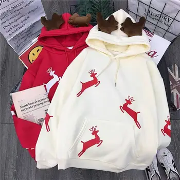 Linksmų Kalėdų dovana Snow deer spausdinti Harajuku hoodie moterų žiemos striukė Raudona Kawaii palaidinukė korėjos stiliaus drabužius Puloveriai