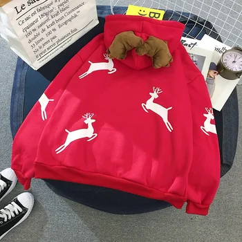 Linksmų Kalėdų dovana Snow deer spausdinti Harajuku hoodie moterų žiemos striukė Raudona Kawaii palaidinukė korėjos stiliaus drabužius Puloveriai