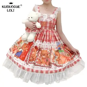 Lolita Kawaii Jsk Suknelė Mergaitėms Suspender Dizaino Rankovių Japonų Stiliaus Princesė Mielas Raukiniai, Nėriniai Šiltų Spalvų, Antspaudas Lokys Serija