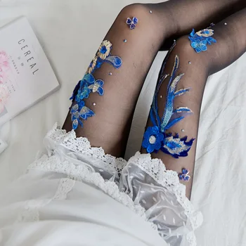 Lolita mėlynos ir baltos arba mėlynos ir baltos spalvos siuvinėjimas, rankinis grąžtas spausdinimo nėrinių kaukė romper šilko kojinės
