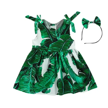 LONSANT Bamblys Kūdikių Mergaičių Dress Dirželiai Saldžiųjų žalių Lapų Spausdinta Suknelė mados vasaros vaikų Mergaičių Grupė Sundress + Lankelis rinkinys