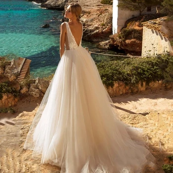 LORIE Paplūdimys Vestuvių Suknelės V-Kaklo Appliques-Line Užsakymą Backless Vestuvių Suknelė Balta Dramblio kaulo Nuotakos Suknelės 2021