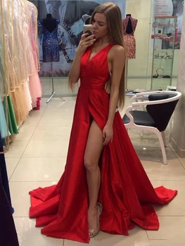 LORIE Paprasta Satino Raudona Vakaro Suknelės Rankovių Ilgio Oficialų Prom Šalies Chalatai su Kišenėmis Plius Dydis 2020 Garsenybių Suknelės