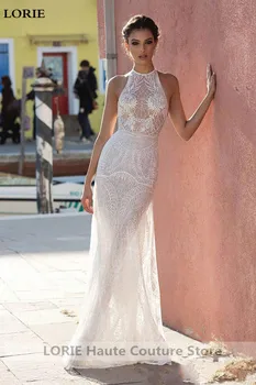 LORIE Undinė Vestuvių Suknelės 2019 Vestidos de novia Aukšto Kaklo Sexy Nėrinių Nuotakos Suknelė Nuimamas Traukinio Boho Vestuvių Suknelės