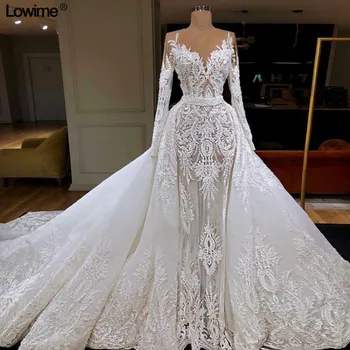 Lowime Iliuzija Nėrinių Vestuvių Suknelės 2019 V-Kaklo Duobute Blizgučiais vestido de noiva Musulmonų ilgomis Rankovėmis Vestuvinės Suknelės