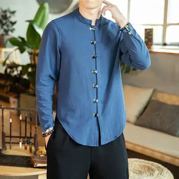 M-5XL Plius Dydis Derliaus Mens Office Marškinėliai ilgomis Rankovėmis Kinijos Apykaklės Vieną Krūtinėmis Lino Marškinėliai Vyrams Rudenį Streetwear