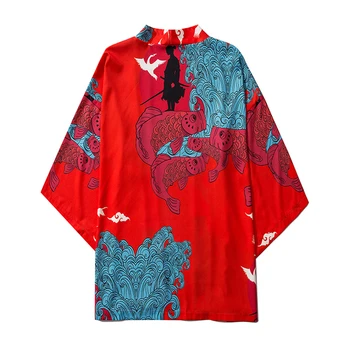 M-XXL Mados Raudona Karpis Spausdinti 2020 Balck Mėlyna Balta Prarasti Vasaros Paplūdimio Cardigan Harajuku Japonų Kimono Stiliaus Moterys Vyrai Viršūnės