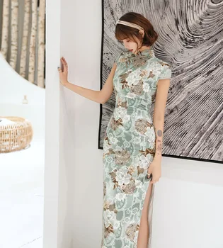 Mada Vasarą Ilgai Cheongsam Kinų Stiliaus Suknelė Moterų Plonas Rankų darbo Mygtuką Qipao Vestido Dydis S-4XL