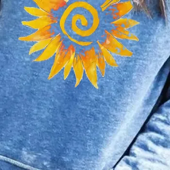 Mados 2020 moterų medvilnės Apvalios Mažos apykaklės Daisy spausdinimo ilgomis rankovėmis megztiniai Saulėgrąžų spausdinti Derliaus prarasti palaidinukė