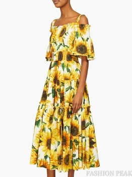 Mados kilimo ir tūpimo Tako Atsitiktinis Vasaros Suknelė Moterų Off Peties Elegantiška Geltona Saulėgrąžų Spausdinti Elastinga Juosmens Midi Linijos Atostogų Suknelė