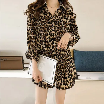 Mados Moteriški Leopardas Spausdinti ilgomis Rankovėmis Viršūnes ir Palaidinės Prarasti OLIS Marškinėliai V-Kaklo Šalies blusas femininas elegante chemise A3