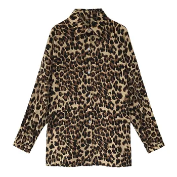 Mados Moteriški Leopardas Spausdinti ilgomis Rankovėmis Viršūnes ir Palaidinės Prarasti OLIS Marškinėliai V-Kaklo Šalies blusas femininas elegante chemise A3