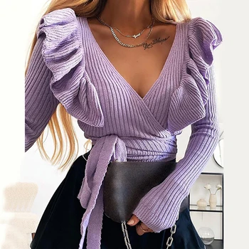 Mados Sexy V Kaklo Ruffles Megzti Megztinis Džemperis Moterims 2020 M. Rudenį Atsitiktinis Ilgomis Rankovėmis Slim Kietas Nėrinių Elegantiškas Megztinis