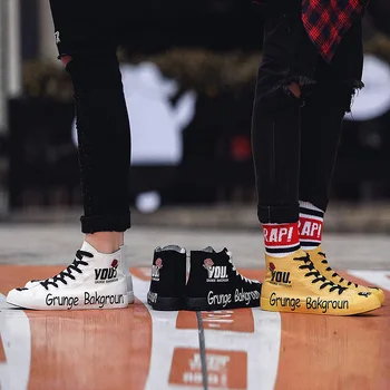 Mados Spausdinti High-top Hip-hop Drobė Sportbačiai Vyrai Streetwear Geltona Kvėpuojantis Vyrų Drobė Batai Atsitiktinis hommes chaussures 2020 m.