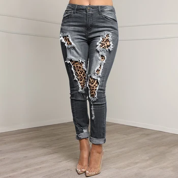 Mados Streetwear Moterų Chalatas Seksualus Džinsinio Kankina Skylių Kelnės Atsitiktinis Jean Aukšto Juosmens Leopard Kratinys Kelnės 2020 SJ5794V