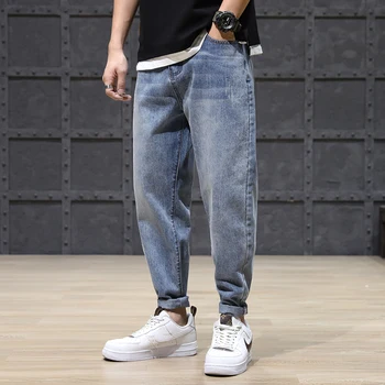 Mados Streetwear Vyrų Džinsai Palaidi Tinka Mėlyna Nulio Kankina Džinsinio Haremo Kelnės Korėjos Stiliaus Hip-Hop Džinsai Vyrų Pločio Kojų Kelnės