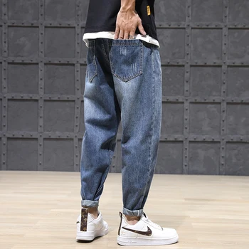 Mados Streetwear Vyrų Džinsai Palaidi Tinka Mėlyna Nulio Kankina Džinsinio Haremo Kelnės Korėjos Stiliaus Hip-Hop Džinsai Vyrų Pločio Kojų Kelnės