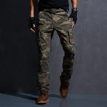 Mados Streetwear Vyrų Džinsai Slim Fit Lauko Multi Kišenės Atsitiktinis Krovinių Kelnės Armijos Žalia Chaki Kamufliažas Karinės Kelnės Vyrams