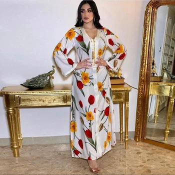 Maroko kaftan Etninės Maxi Suknelė Moterims Musulmonų V Kaklo Juostelės ilgomis Rankovėmis Abaja Suknelės Baltos Dubajus Turkija, arabų Drabužiai