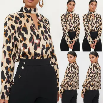 Marškinėliai be Moterų Leopard Pirnt Palaidinukės Dydis Palaidinė ilgomis Rankovėmis Apynasrio Kaklo Marškinėliai Atsitiktinis Palaidinės Rudens Mados blusas