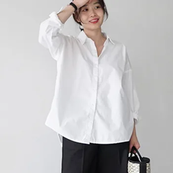 Marškinėliai moterims 2019 Mygtuką Kietas Turn-žemyn Apykaklės ponios viršūnes moterų ilgas rankovėmis marškinėliai balti korėjos mados drabužių blusas 0472